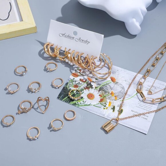 Elegant 49-Piece Gold Jewelry Collection: Hypoallergenic & Stylish Women’s Set - Picture 3 of 7